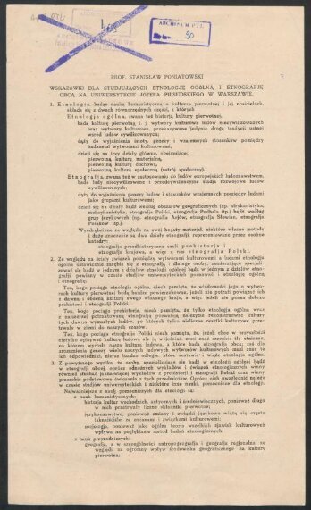 Wskazówki dla studiujących etnologię ogólną i etnologię obcą na Uniwersytecie J. Piłsudskiego w Warszawie